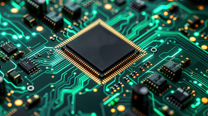 Fototapeta premium Circuit board microchips with green backlight. Nanotechnology sustainable background.