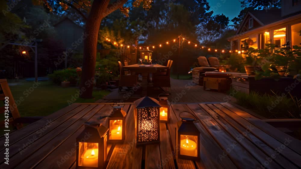 Poster an enchanting twilight gathering in a backyard adorned with glowing lanterns and string lights
