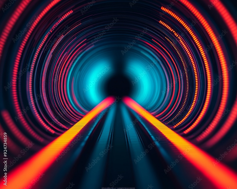 Poster a captivating abstract tunnel with vibrant neon lights creating a sense of motion and depth, perfect