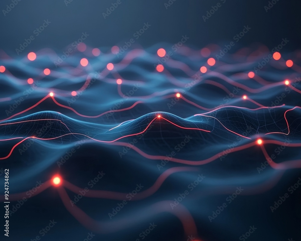 Poster a captivating abstract visualization of waves featuring glowing dots and flowing lines, perfect for 