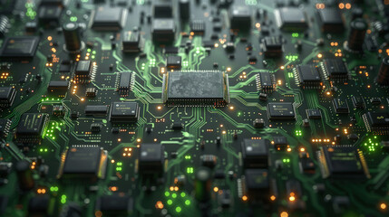 Fototapeta premium Circuit board microchips with green backlight. Nanotechnology sustainable background.