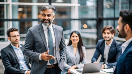 Indian Executive Leading Team Strategy - Indian executive leading a team in developing strategy, showcasing leadership and collaborative planning.
