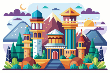 Naklejka premium Fantasy Village with Colorful Towers, Mountains, and Lush Greenery