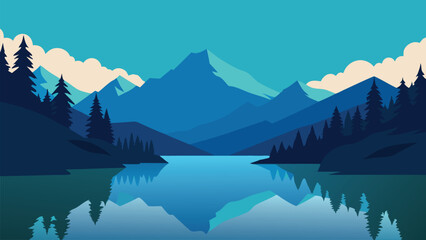 A serene lake nestled among lush trees and majestic mountains, reflecting the beauty of nature flat vector illustration