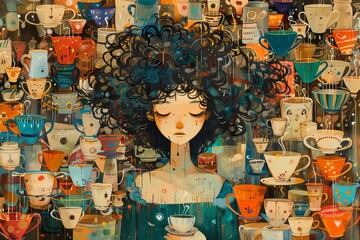Whimsical Character Obsessed with Coffee Surrounded by Cups.