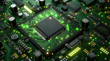 Fototapeta premium Circuit board microchips with green backlight. Nanotechnology sustainable background.