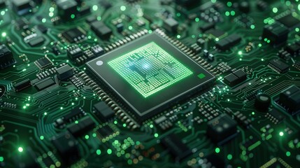 Circuit board microchips with green backlight. Nanotechnology sustainable background.