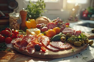 A vibrant display of assorted meats, cheeses, and vegetables on a wooden platter.