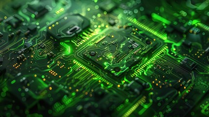 Circuit board microchips with green backlight. Nanotechnology sustainable background.