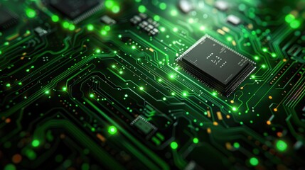 Circuit board microchips with green backlight. Nanotechnology sustainable background.