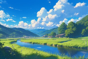 Serene anime landscape. Idyllic countryside with rice fields, river, and mountains under blue sky. Ideal for travel, nature, and animation backgrounds.