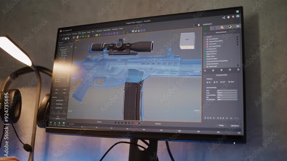 Poster Interface of professional 3D modeling or design software displayed on the computer monitor. Unrecognizable 3D designer creates and draws sniper rifle using PC, works at home on freelance project.