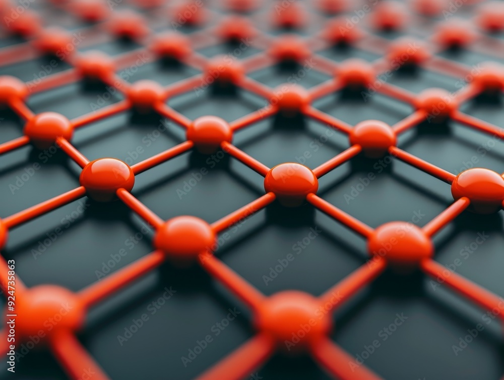 Poster a close-up of a 3d geometric pattern featuring red spheres on a dark background, ideal for technolog