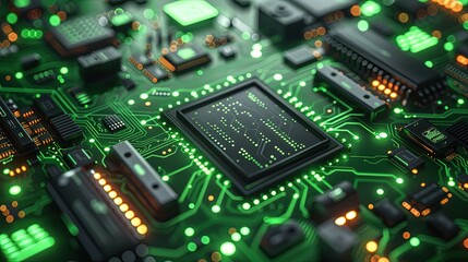 Fototapeta premium Circuit board microchips with green backlight. Nanotechnology sustainable background.