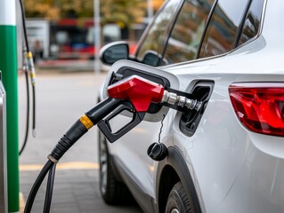 A close-up of a fuel pump nozzle filling a modern car at a gas station, highlighting convenience in everyday travel.