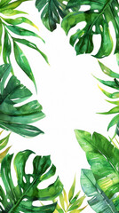 Aesthetic watercolor frame with green tropical leaves, copy space, light background, foliage template. Generative AI