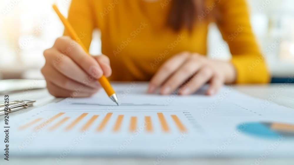 Poster a close-up of a person analyzing charts and graphs with a pencil, showing focus on data and detailed