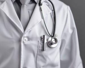 A close-up of a medical professional in a white coat with a stethoscope, symbolizing healthcare and professionalism.