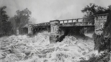 Dramatic Realistic Sketch of a Collapsed Bridge over a Swollen River