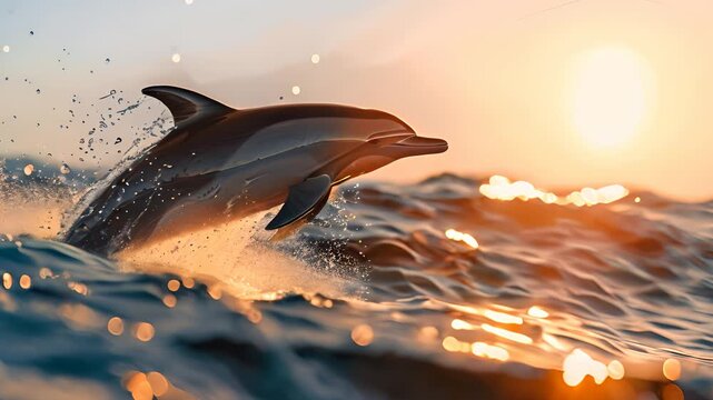 A dolphin jumps out of the water during a beautiful sunset along the shoreline