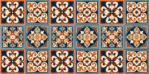 Spanish (Español) ornament texture ceramic tile, arabesque square shape design, Portuguese Lisbon Azulejos style. Vector seamless pattern