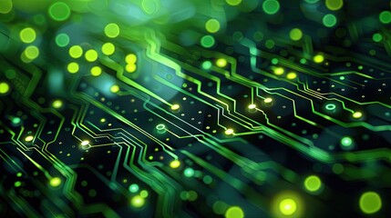Obraz premium Circuit board microchips with green backlight. Nanotechnology sustainable background.