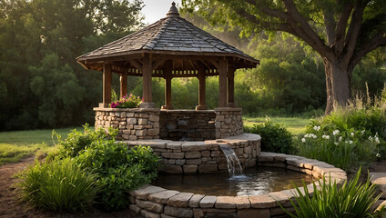 Fototapeta premium Serene Japanese garden with ancient stone lanterns, tranquil water features, and meticulously pruned trees offers peaceful escape