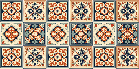 Vector seamless pattern of a Portuguese Lisbon Azulejos ornament texture design, moroccan arabesque style square shape ceramic tile,