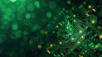 Circuit board microchips with green backlight. Nanotechnology sustainable background.