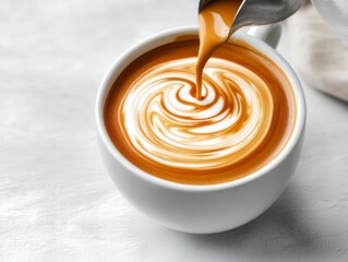 A close-up of steaming coffee being swirled with milk, creating an artistic cream pattern in a white cup.