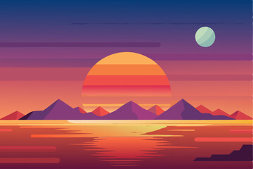 Obraz premium Sunset Over Mountains and Water with a Small Moon in the Sky