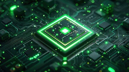 Fototapeta premium Circuit board microchips with green backlight. Nanotechnology sustainable background.