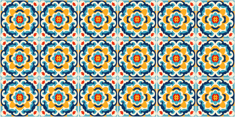 Floral ornament tiles texture Portugal, Spanish, Turkish oriental majolica azulejo, seamless pattern