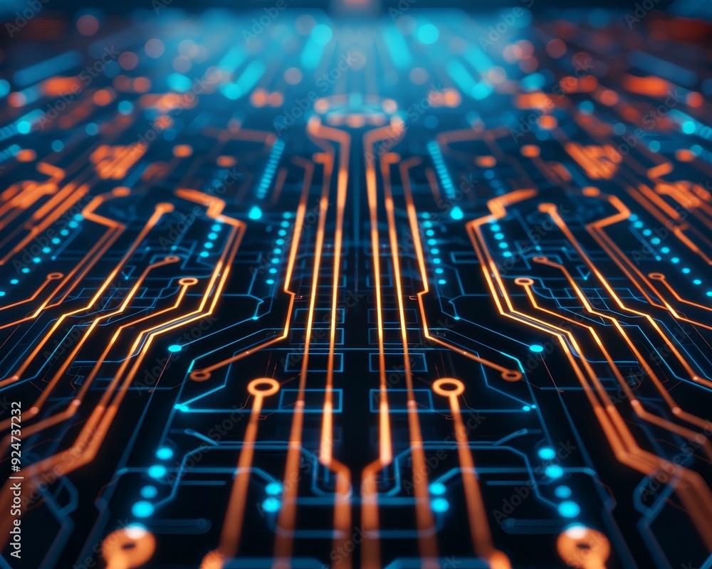 Poster a close-up view of a vibrant circuit board design showcasing intricate lines and glowing connections