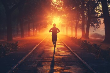 Early Morning Jog in Urban Park with Runner Silhouetted at Sunrise