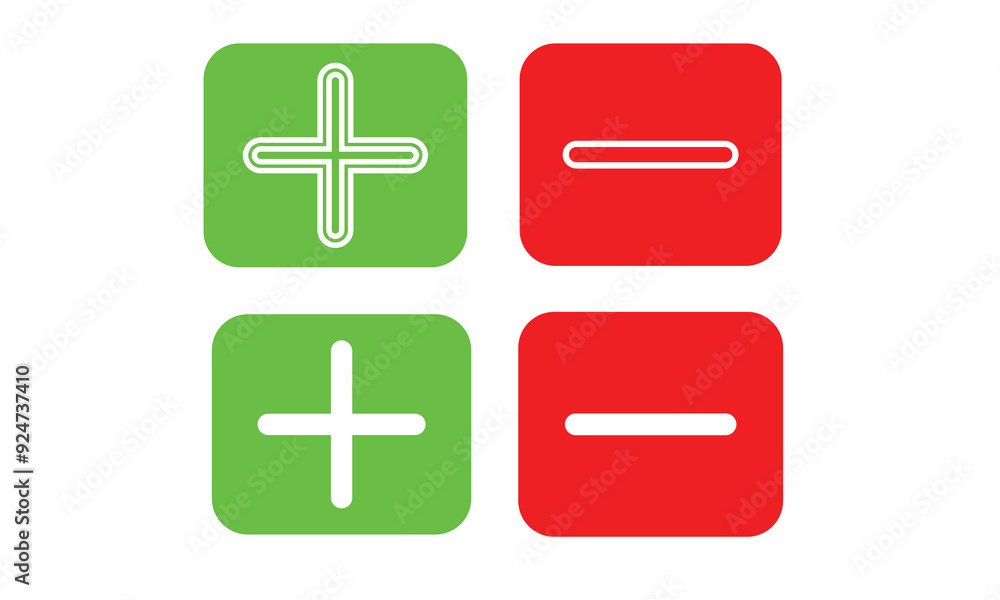 Poster red ang green round plus and minus icons set with different thicknesses. add and subtract icon set f