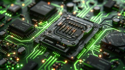 Fototapeta premium Circuit board microchips with green backlight. Nanotechnology sustainable background.