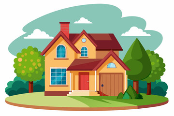 Two-Story Yellow House with Red Roof and Garage Door in a Yard with Trees