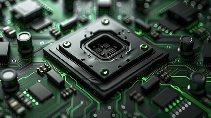 Fototapeta premium Circuit board microchips with green backlight. Nanotechnology sustainable background.