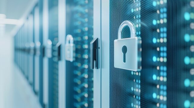 A close-up view of secure server racks featuring padlocks, representing data protection and cybersecurity in a modern data center.
