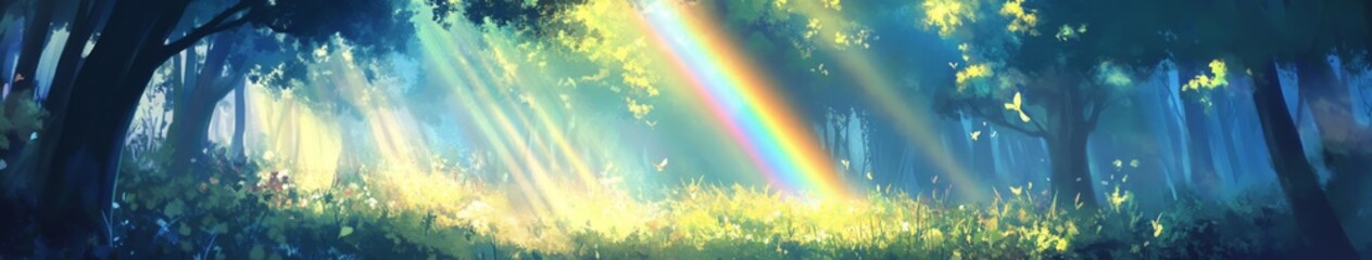 Fototapeta premium Magical Forest Under a Rainbow: Sunlight Creates a Spectacular Prism Through the Canopy, Anime-Style Fantasy, storybook illustrations, comic strips, book illustrations and picture books,Abstract conce