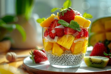 A vibrant fruit parfait with chia seeds, topped with strawberries, mango, and mint.