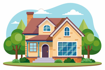 Naklejka premium Two-Story Brick House with Green Landscaping