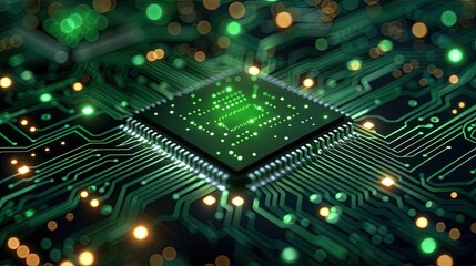Obraz premium Circuit board microchips with green backlight. Nanotechnology sustainable background.