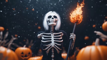 A spooky skeleton with a torch stands among glowing pumpkins, creating a festive Halloween atmosphere.