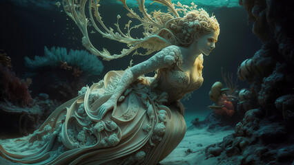 a visual representation of an Art Nouveau bride on the seabed, photo, 3d render, cinematic