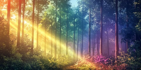 Obraz premium Magical Forest Under a Rainbow: Sunlight Creates a Spectacular Prism Through the Canopy, Anime-Style Fantasy, storybook illustrations, comic strips, book illustrations and picture books,Abstract conce