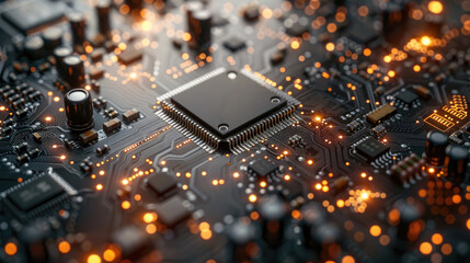 Circuit board microchips with orange backlight. Nanotechnology sustainable background.