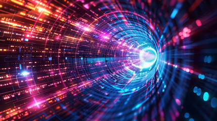 Obraz premium A vibrant digital tunnel with glowing particles, showcasing a blend of colors for futuristic design and abstract art.