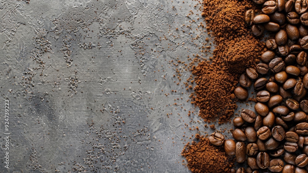 Poster coffee beans and ground coffee placed on gray surface with empty space above view